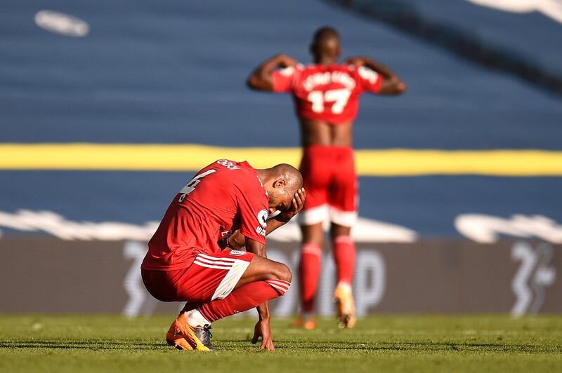 LEEDS, ENGLAND - SEPTEMBER 19: Denis Odoi of Fulham reacts at the full time whistle during the Premier League match between Leeds United and Fulham at Elland Road on September 19, 2020 in Leeds, England. (Photo by Oli Scarff - Pool/Getty Images)