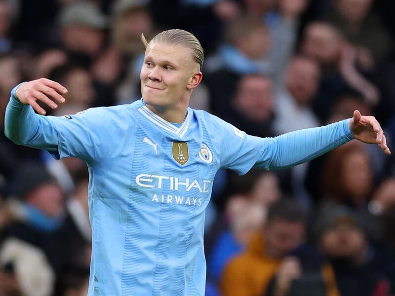 Erling Haaland celebrates after scoring Manchester City's final goal in their 3-1 Premier League win over Manchester United at Etihad Stadium on March 3, 2024. Getty Images