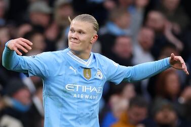 MANCHESTER, ENGLAND - MARCH 03: Erling Haaland of Manchester City celebrates scoring his team's third goal during the Premier League match between Manchester City and Manchester United at Etihad Stadium on March 03, 2024 in Manchester, England. (Photo by Catherine Ivill / Getty Images)