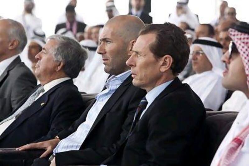 Football legends Zinedine Zidane, centre, and Emilio Butragueno, right, visited Ras Al Khaimah to promote the proposed $1 billion Real Madrid resort. Antonie Robertson / The National
