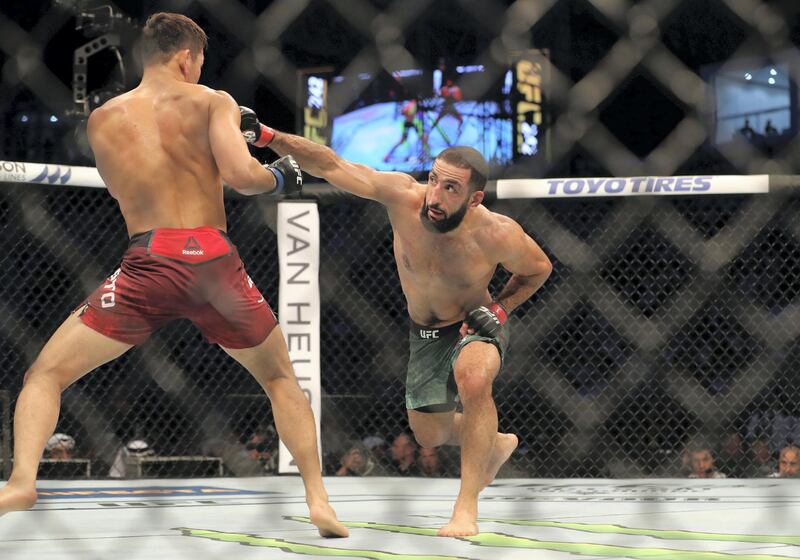 Abu Dhabi, United Arab Emirates - September 07, 2019: Welterweight bout between Belal Muhammad (green shorts, winner) and Takashi Satō in the Early Prelims at UFC 242. Saturday the 7th of September 2019. Yas Island, Abu Dhabi. Chris Whiteoak / The National