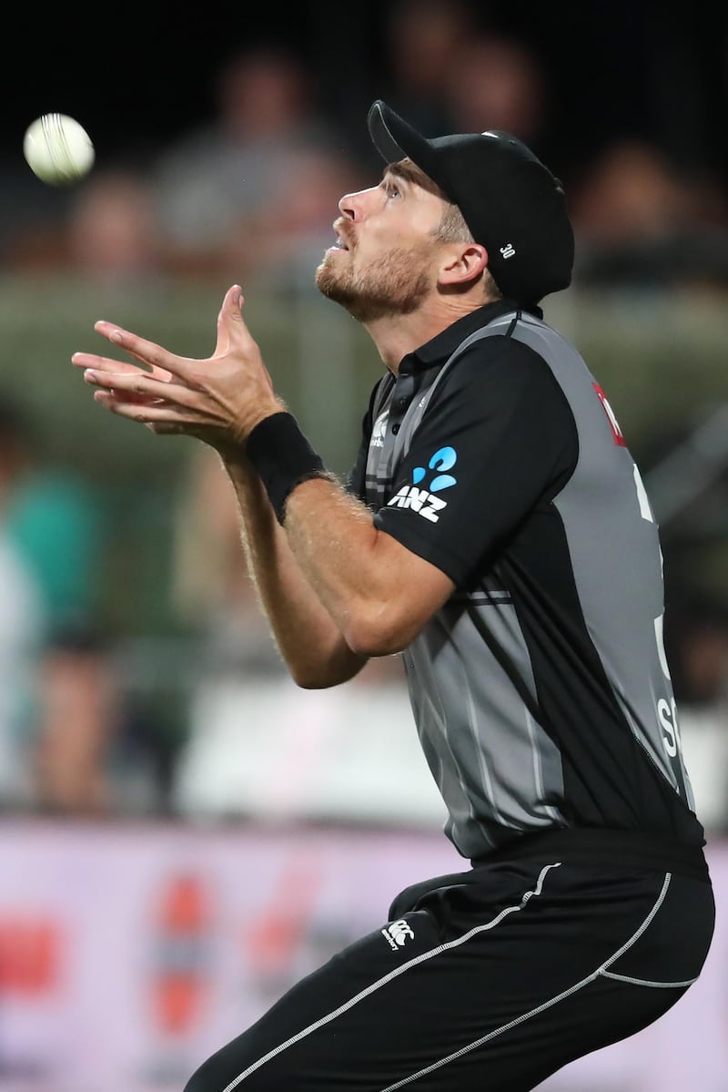 New Zealand’s Tim Southee takes the catch to dismiss Rohit Sharma. AFP