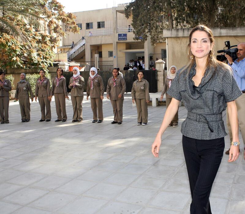 AMMAN, JORDAN- OCTOBER 31: Queen Rania of Jordan tours an official school after taking part in a youth forum organized by the United Nations Foundation and UNICEF on October 31, 2007, in Amman, Jordan. (Photo by Salah Malkawi/ Getty Images)