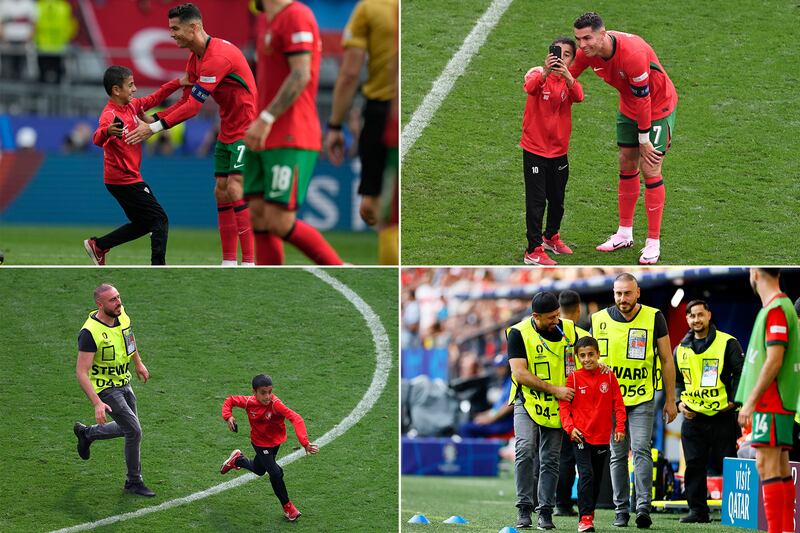 A young pitch invader gets a selfie with Portugal's Cristiano Ronaldo at the Euro 2024 match against Turkey, in Dortmund, western Germany. Reuters/ AFP/ Getty Images