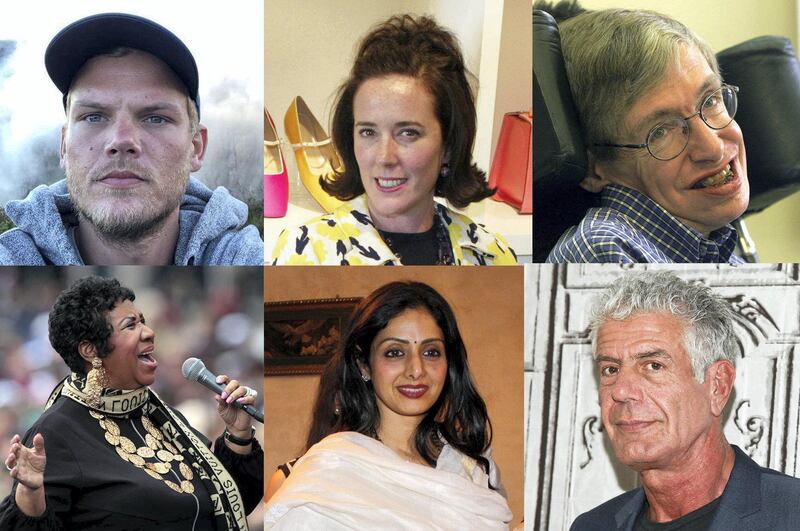 Some notable deaths of 2018 include (left to right) from the top: Avicii, Kate Spade, Stephen Hawking, Aretha Franklin, Sridevi Kapoor, and Anthony Bourdain.