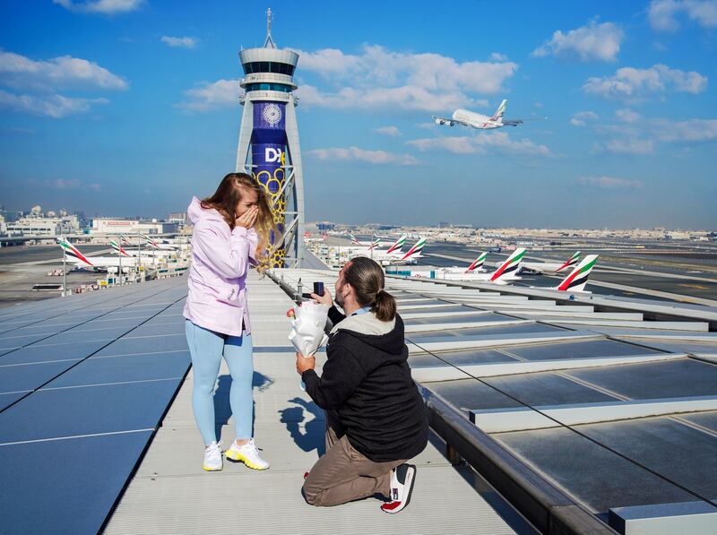 Dmitry Maslennikov proposes to Anastasiia Girfanova on the rooftop of Dubai International Airport. Photo: Dubai Airports
