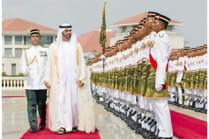 An honour guard greets Sheikh Mohammed bin Zayed, Crown Prince of Abu Dhabi and Deputy Supreme Commander of the UAE Armed Forces, at the office of Malaysia’s prime minister.