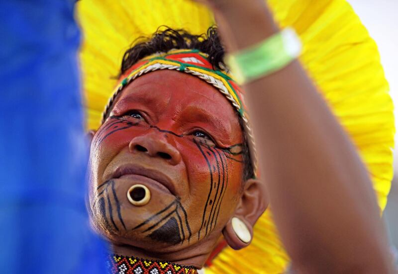 Patone of the Pataxo tribe poses for a photo at a camp for indigenous protestors in Brasilia, Brazil. AFP