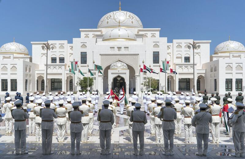 ABU DHABI, UNITED ARAB EMIRATES - March 15, 2018: HH Sheikh Mohamed bin Zayed Al Nahyan Crown Prince of Abu Dhabi Deputy Supreme Commander of the UAE Armed Forces (centre R) and HE Gurbanguly Berdimuhamedow, President of Turkmenistan (centre L) stand for the national anthem during a reception at the Presidential Palace.

( Rashed Al Mansoori / Crown Prince Court - Abu Dhabi )
---