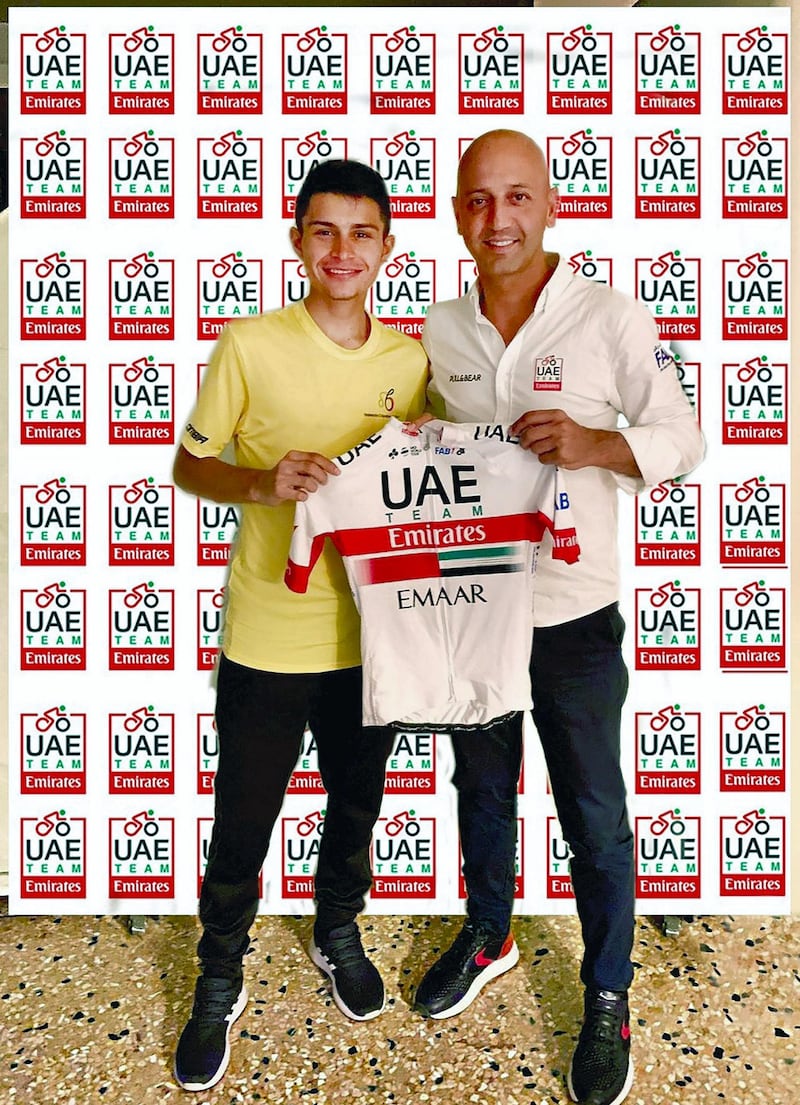 Matxin Joexean Fernandez, right, with Camilo Ardila after the Colombian signed for UAE Team Emirates. Courtesy UAE Team Emirates
