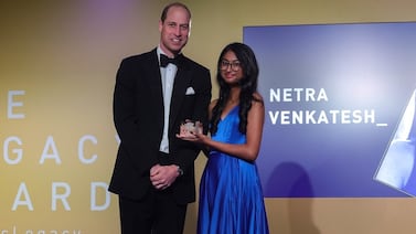 Netra Venkatesh receives the Diana Legacy Award from the Prince of Wales at a ceremony at the Science Museum in London. Photo: Kensington Palace