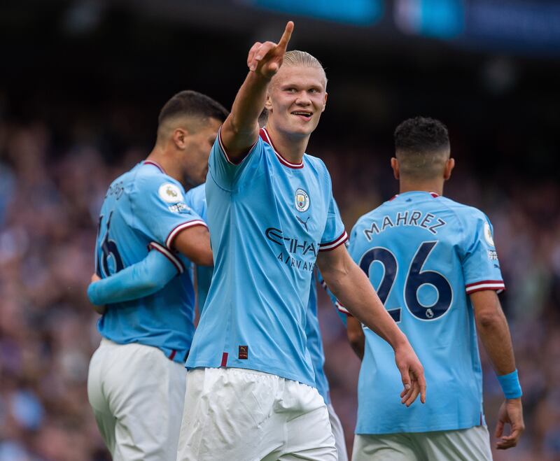 Manchester City's Erling Haaland celebrates after scoring the first goal. EPA