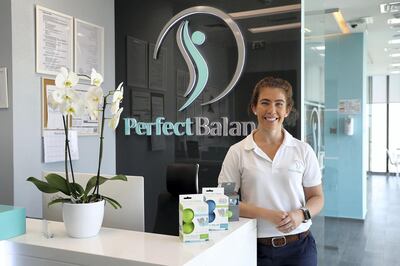 ABU DHABI , UNITED ARAB EMIRATES , MARCH 22  – 2018 :- Amy Gilbert , physio and owner of PerfectBalance at Tamouh Towers in Marina Square in Abu Dhabi. ( Pawan Singh / The National ) Story by Ann Marie