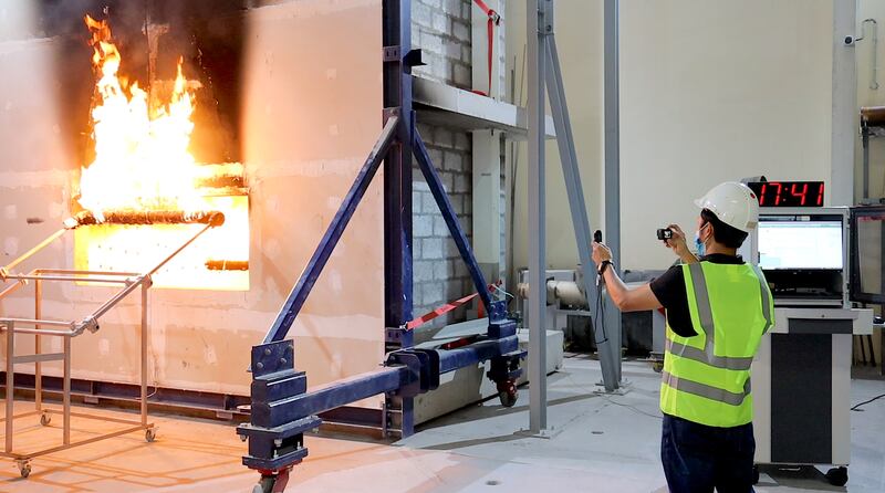Construction products being tested for fire resistance and safety at Emirates Safety Lab. Credit: Dubai Civil Defence