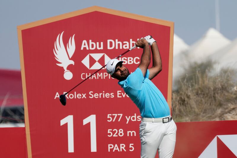 Shubhankar Sharma of India tees off on the 2nd hole. AP