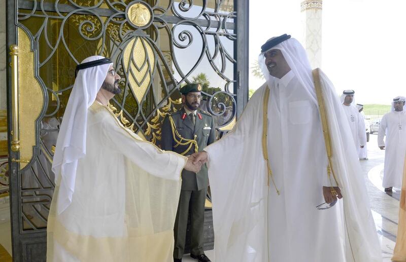 Sheikh Mohammed bin Rashid, the Vice President and Prime Minister of the UAE and the Ruler of Dubai, greets Sheikh Tamim.