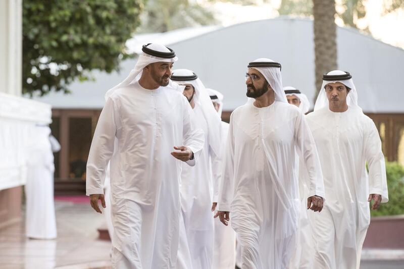 Sheikh Mohammed bin Zayed, Crown Prince of Abu Dhabi and Deputy Supreme Commander of the Armed Forces, attends an iftar reception hosted by Sheikh Mohammed bin Rashid, Vice President and Ruler of Dubai, at Zabeel Palace. Ryan Carter / Crown Prince Court — Abu Dhabi