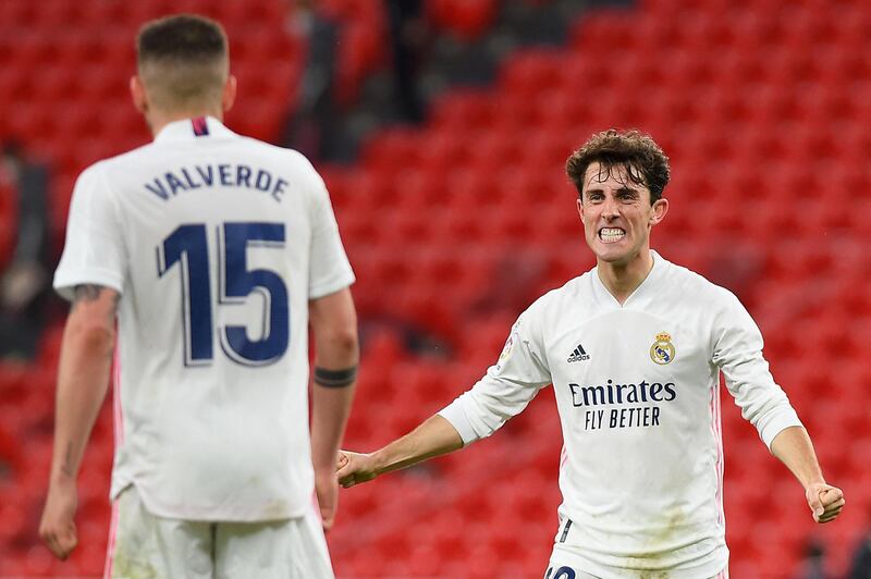 Real Madrid's Spanish defender Alvaro Odriozola celebrates at the end of the match. AFP