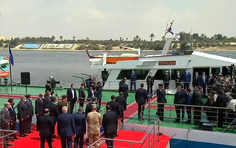 Egypt's President Abdel Fatah El Sisi disembarks in Ismailia city to inspect the Suez Canal Authority.