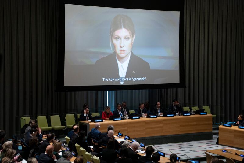 Olena Zelenska, wife of the Ukrainian President, addresses UN diplomats by video on February 22. AP
