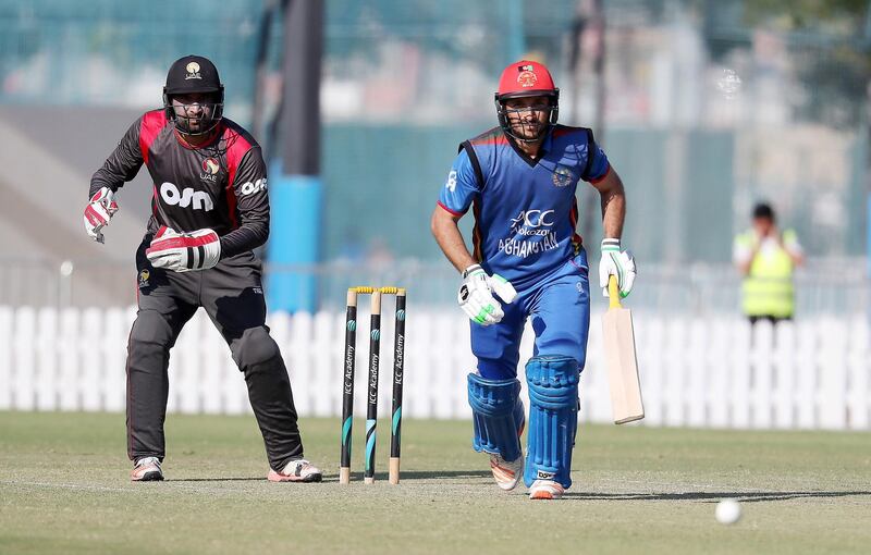 DUBAI , UNITED ARAB EMIRATES , JAN 18 – 2018 :- Rahmat Shah of Afghanistan cricket team playing a shot during the practice match between UAE vs Afghanistan held at ICC academy in Dubai Sports City in Dubai.  (Pawan Singh / The National) For Sports. Story by Paul Radley