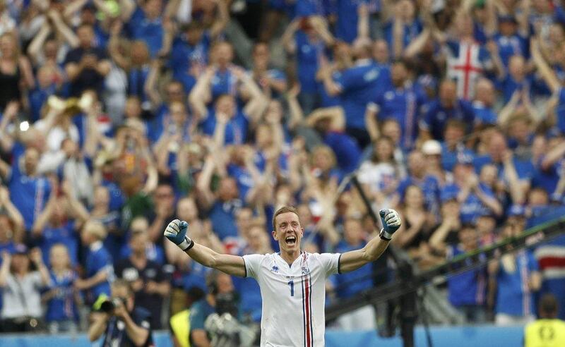 Iceland  goalkeeper Hannes Halldorsson celebrates during their Euro 2016 group stage win over Austria. John Sibley / Reuters / June 22, 2016 