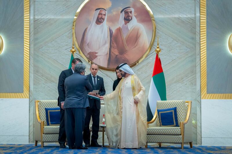 Sheikh Mohammed receives the Grand Collar of the National Order of the Southern Cross from President Bolsonaro. It is the highest rank of the order that is given to leaders of nations by Brazil.