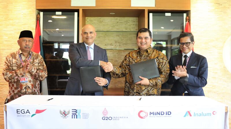 The agreement was signed by Abdulnasser Bin Kalban, chief executive of EGA, and Hendi Prio Santoso, president director of Inalum at the G20 Summit in Bali, Indonesia.  Photo: EGA