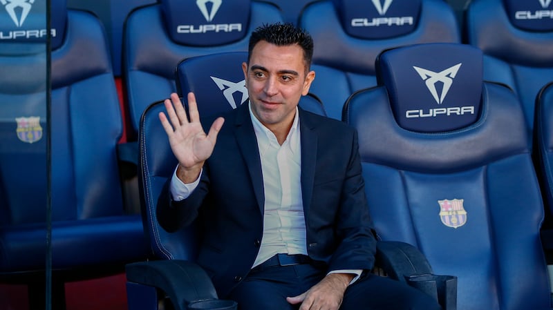 Barcelona's new manager Xavi Hernandez during his official presentation at the Camp Nou. AP