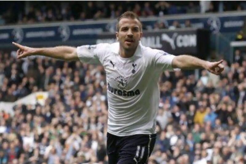 Tottenham Hotspur's Rafael Van der Vaart had a bit of a tumble while celebrating his goal against Blackburn Rovers in the Spurs 2-0 win on Sunday.
