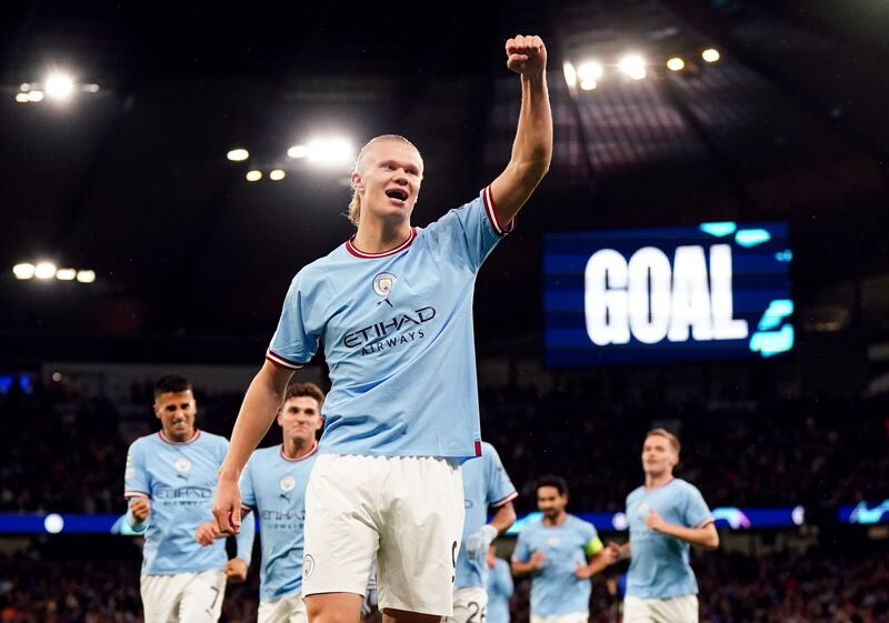 18) Erling Haaland celebrates scoring the opening goal in the Champions League win against FC Copenhagen on October 5, 2022. PA