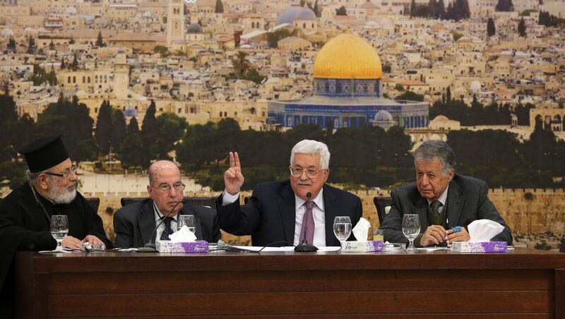 epa06438637 Palestinian President Mahmoud Abbas (3-L), attends a meeting of the Palestine Liberation Organization (PLO) Central Council, at his presidency compound in the West Bank town of Ramallah, 14 January 2018. Other officials are unidentified. The Central Council of the PLO started on 14 January its 28th meeting and called to urgently discuss the US decision to recognize Jerusalem as Israel's capital.  EPA/ALAA BADARNEH