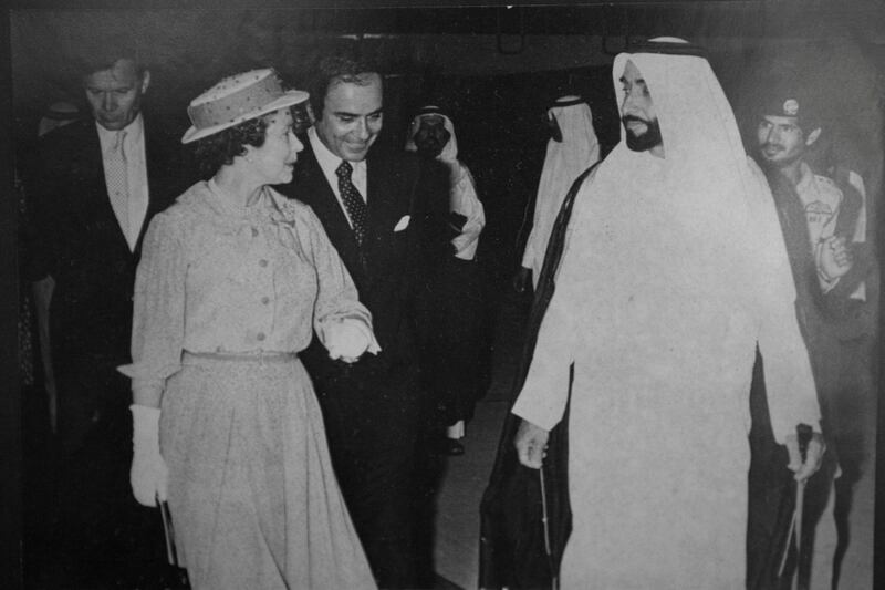 November 23, 2010, Abu Dhabi, UAE:
A photograph of a photograph showing Queen Elizabeth with Sheikh Zayed during her visit to the UAE in 1979. 

The photo is courtesy of Zaki Anwar Nusseibeh, the Vice Chairman for the Abu Dhabi Authority for Cultural Affairs and the Advisor Ministry of Presidential Affairs. 
