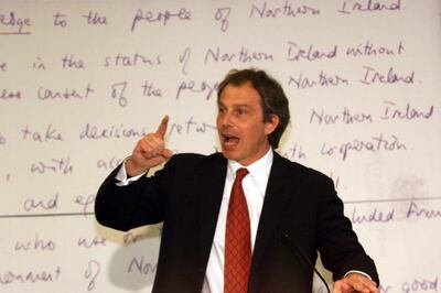Tony Blair speaks at the University of Ulster, Coleraine, arguing his case for the Yes vote in the peace referendum in 1998. PA