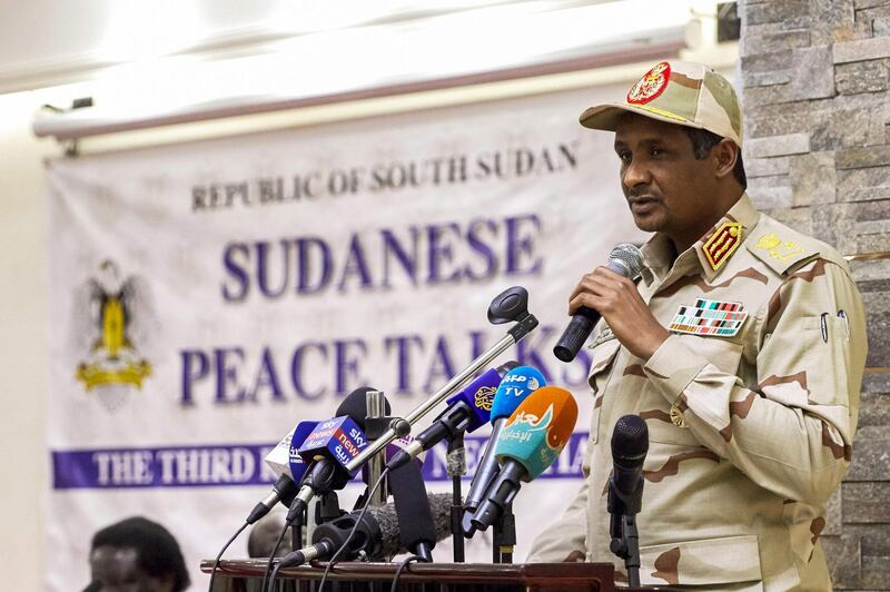Mohamed Hamdan Daglo "Hemeti", Sudan's deputy head of the Transitional Military Council, speaks during the opening ceremony of the third round of Sudanese peace talks in Juba, South Sudan.  AFP