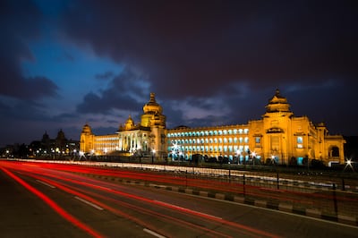 Vidhana Soudha is beautiful lit up at night. Getty Images