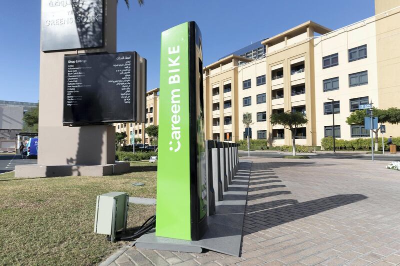 DUBAI, UNITED ARAB EMIRATES. 08 JANUARY 2020. One of the newly installed Careem Bike stations in The Greens. (Photo: Antonie Robertson/The National) Journalist: Patrick Ryan. Section: National.

