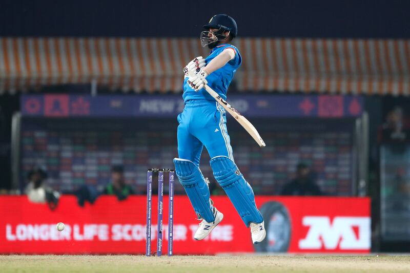 KL Rahul of India avoids a short ball. Getty 
