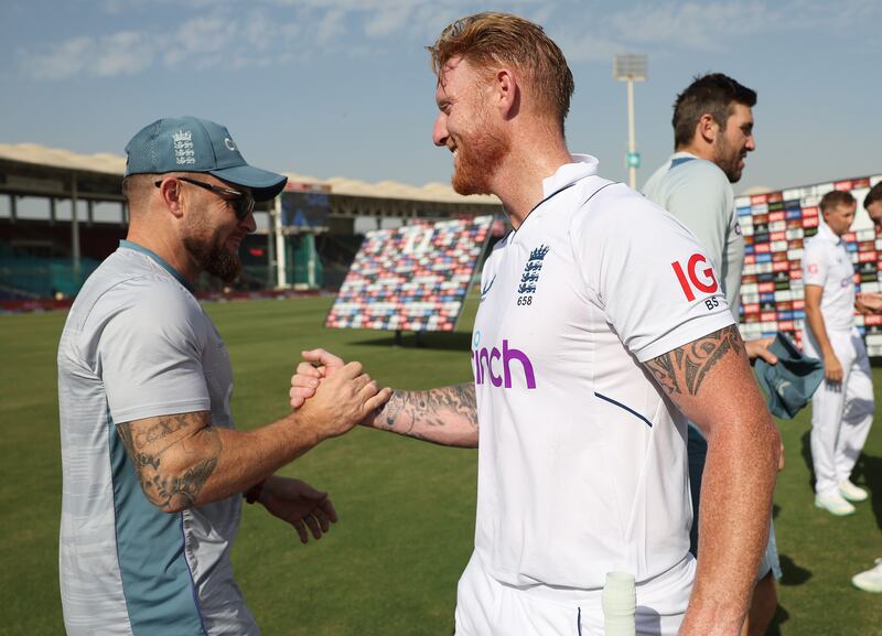 England captain Ben Stokes with head coach Brendon McCullumafter sealing victory. Getty
