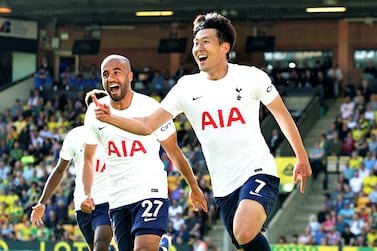 NORWICH, ENGLAND - MAY 22:  Son Heung-Min of Tottenham Hotspur celebrates after scoring their fourth goal during the Premier League match between Norwich City and Tottenham Hotspur at Carrow Road on May 22, 2022 in Norwich, England. (Photo by David Rogers / Getty Images)