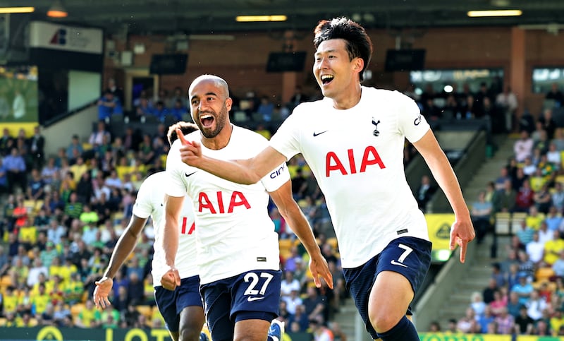 NORWICH, ENGLAND - MAY 22:  Son Heung-Min of Tottenham Hotspur celebrates after scoring their fourth goal during the Premier League match between Norwich City and Tottenham Hotspur at Carrow Road on May 22, 2022 in Norwich, England. (Photo by David Rogers / Getty Images)