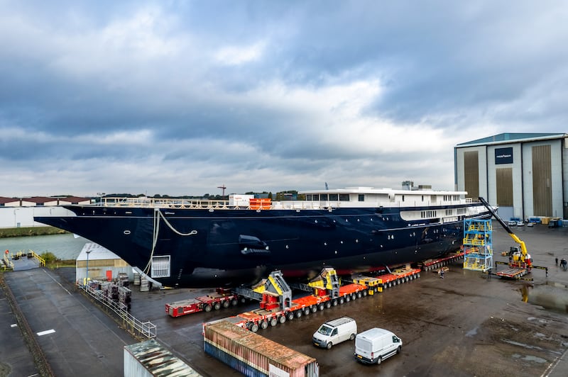 A superyacht, reportedly built for Amazon founder Jeff Bezos, sits on a slipway in Zwijndrecht, the Netherlands. All photos: AP