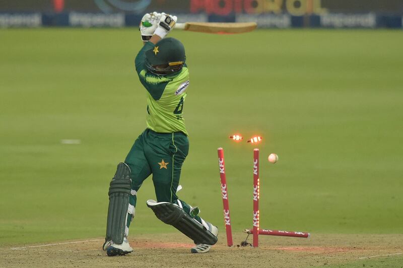 Pakistan's Faheem Ashraf is bowled by Lizaad Williams of South Africa during the first Twenty20 international match at the Wanderers Stadium in Johannesburg on Saturday, April 10. Pakistan won the match by four wickets. AFP