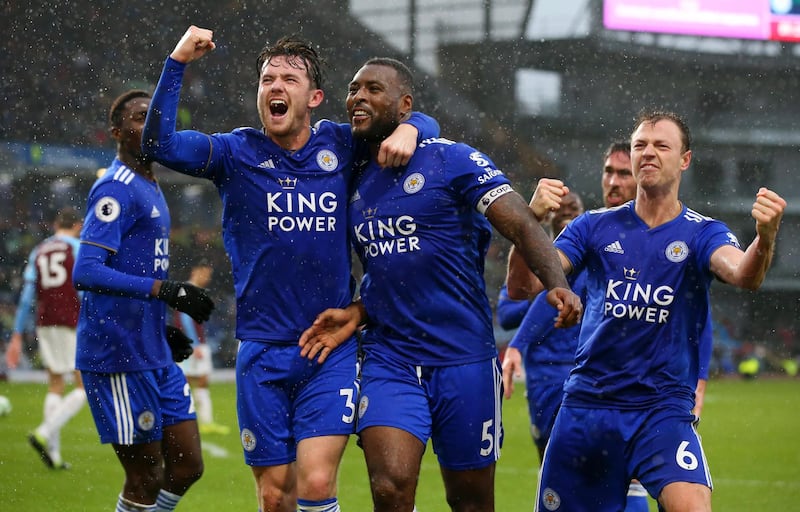 BURNLEY, ENGLAND - MARCH 16: Wes Morgan of Leicester City celebrates after scoring his team's second goal with Ben Chilwell of Leicester City during the Premier League match between Burnley FC and Leicester City at Turf Moor on March 16, 2019 in Burnley, United Kingdom. (Photo by Alex Livesey/Getty Images)