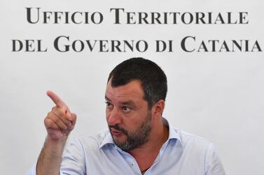 Italy's Interior Minister and deputy PM Matteo Salvini gestures as he speaks during the closure of Europe's one-time biggest asylum seeker and migrants reception centre in Mineo, southern Sicily. AFP 