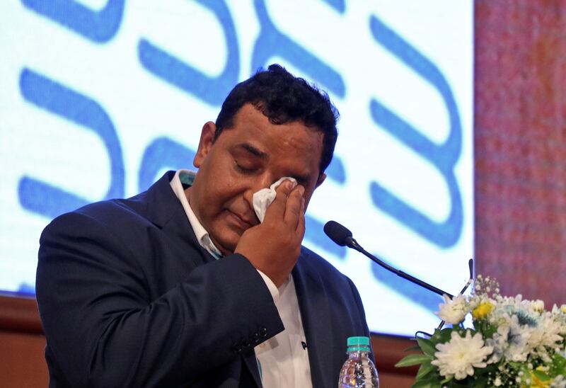 Paytm founder and CEO Vijay Shekhar Sharma breaks down while delivering a speech during his company's IPO listing ceremony at the Bombay Stock Exchange (BSE) in Mumbai, India, November 18, 2021. Reuters