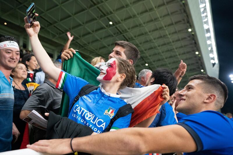 An Italian supporter takes a selfie after Rugby World Cup match between Italy and Canada. EPA