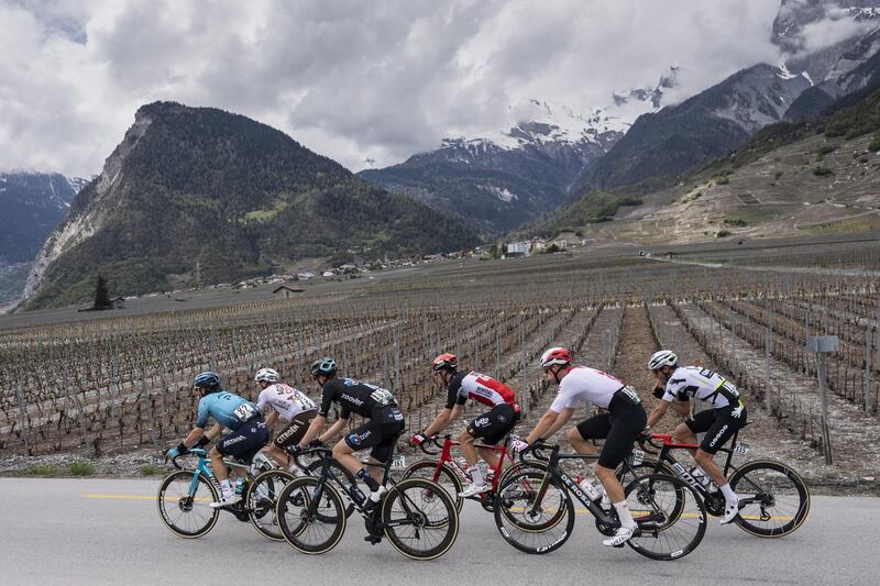 Left to right, Manuele Boaro, Alexis Gougeard, Thymen Arensman, Filippo Conca, Joel Suter and Robert Power during the Stage 1 of the Tour de Romandie, a 168 km race between Aigle and Martigny, in Chamoson, Switzerland, on Wednesday, April 28. EPA