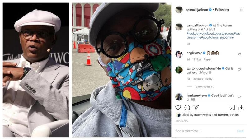 'Avengers' star Samuel L Jackson shared his vaccine experience with his 6.9 million followers, writing: 'At The Forum getting that 1st jab!!' Instagram, Courtesy of Diff