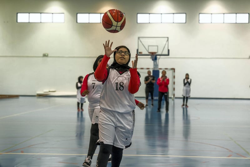 AL AIN, UNITED ARAB EMIRATES. 11 MARCH 2018.  The UAE Girls Basketball team practices at the Al Ain Club for the Disabled in preparation for the upcoming Special Olympics. (Photo: Antonie Robertson/The National) Journalist: Ramola Talwar. Section: National.